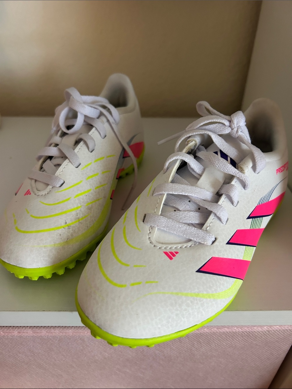 Kids White Soccer Indoor Cleats with Neon Pink and Lime Accents